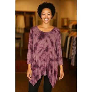 Frazzle Women's Purple Tie Dye Boho  Flowy Artsy Hi/Lo Hem Tunic Top, XL